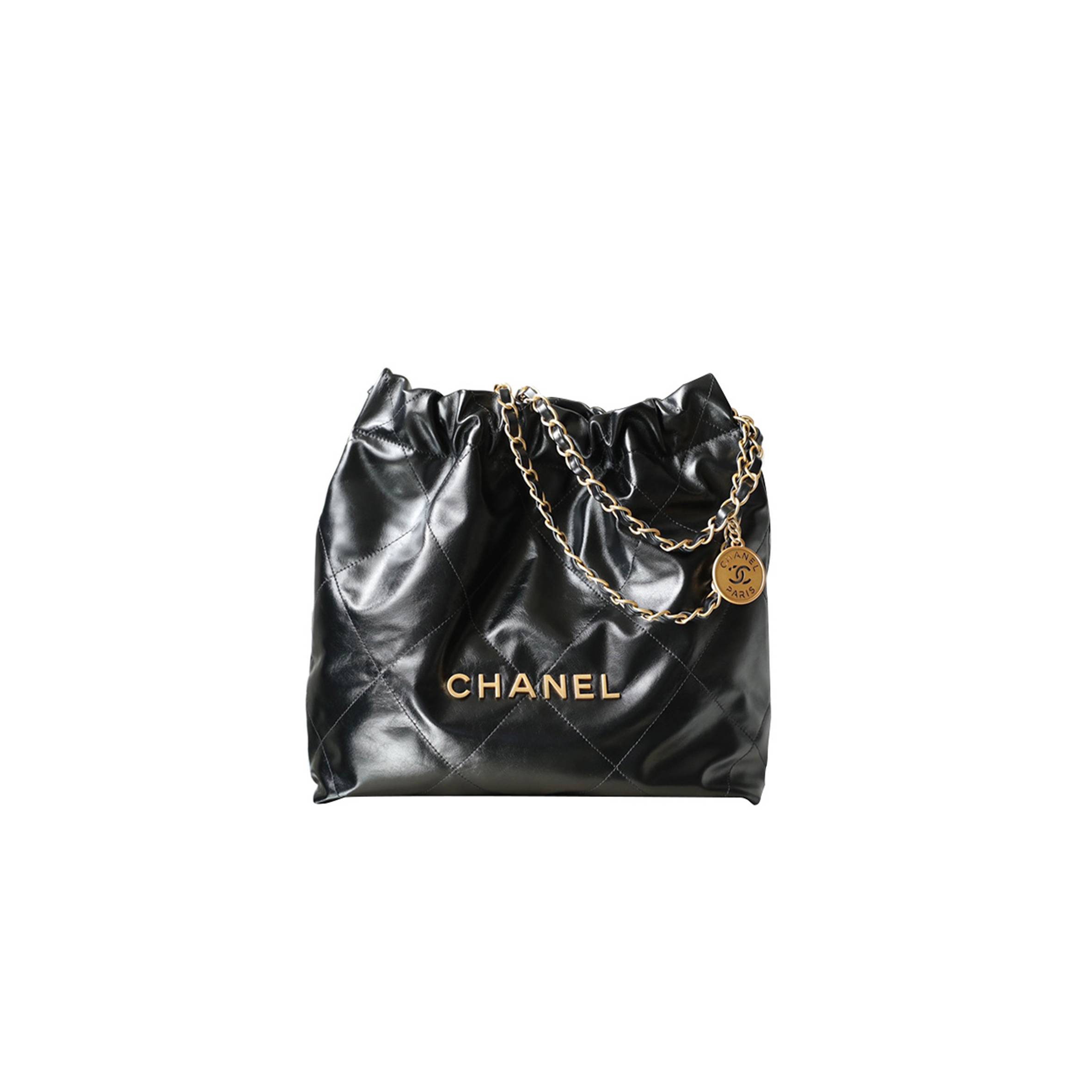 CHANEL MASTER 22 SMALL HANDBAG SHINY CALFSKIN GOLD-TONE METALLIC BLACK AS3260 (37*35*7cm)